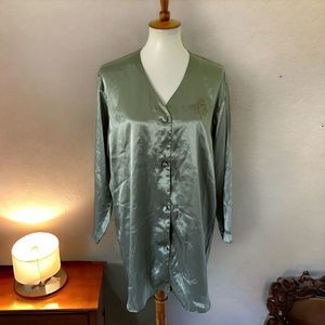 Vintage 90s ETIENNE Silky Shiny Sage Green Satin Nightgown Button Front Size M